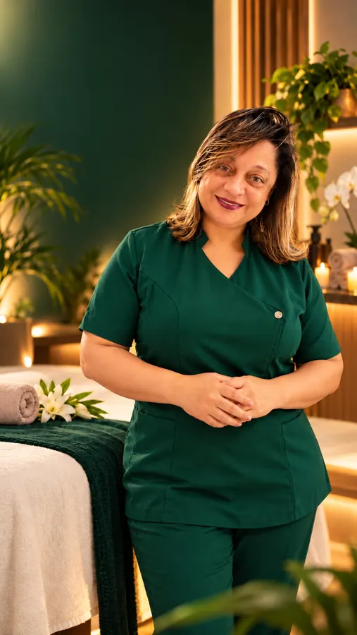 Cleo em retrato profissional no espaço terapêutico