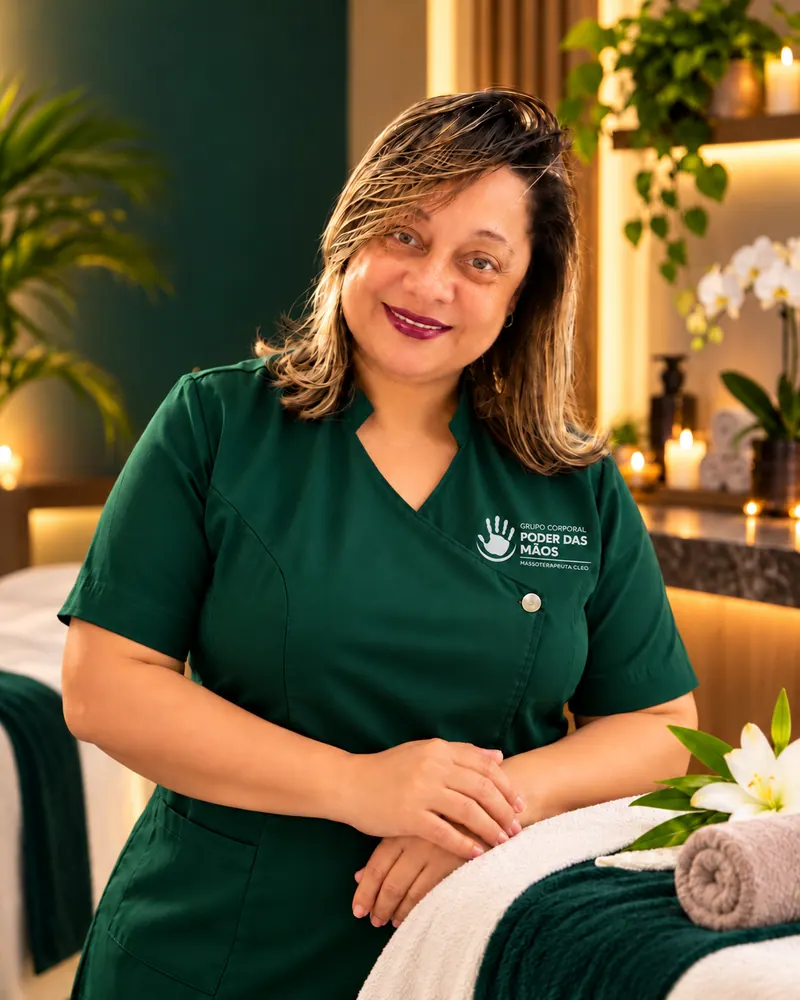 Massoterapeuta Cleo em Goiânia apresentando atendimento de duas horas com massoterapia, alongamento e massagem facial